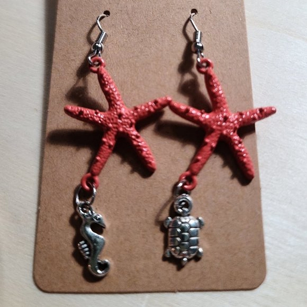 Wire hook dangle earrings -Seashore -Coral Starfish, Metal Turtle & Seahorse
